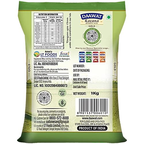 Daawat Rozana Gold Basmati Rice, 1 kg Pouch