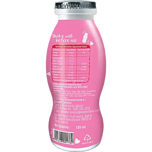 Mother Dairy Lassi - Strawberry, 180 ml Bottle