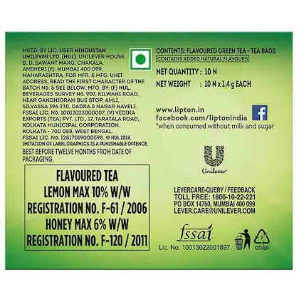 Lipton Honey Lemon Green Tea, 10 Bags