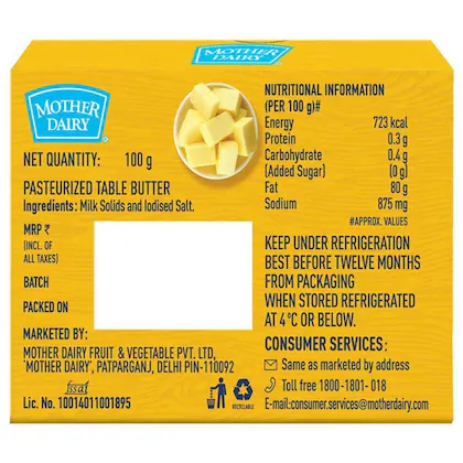 Mother Dairy Table Butter 100 g (Carton)