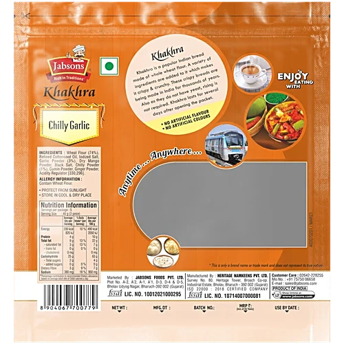 Jabsons Khakhra – Roasted Wheat Crisps, Chilly Garlic, 180 g