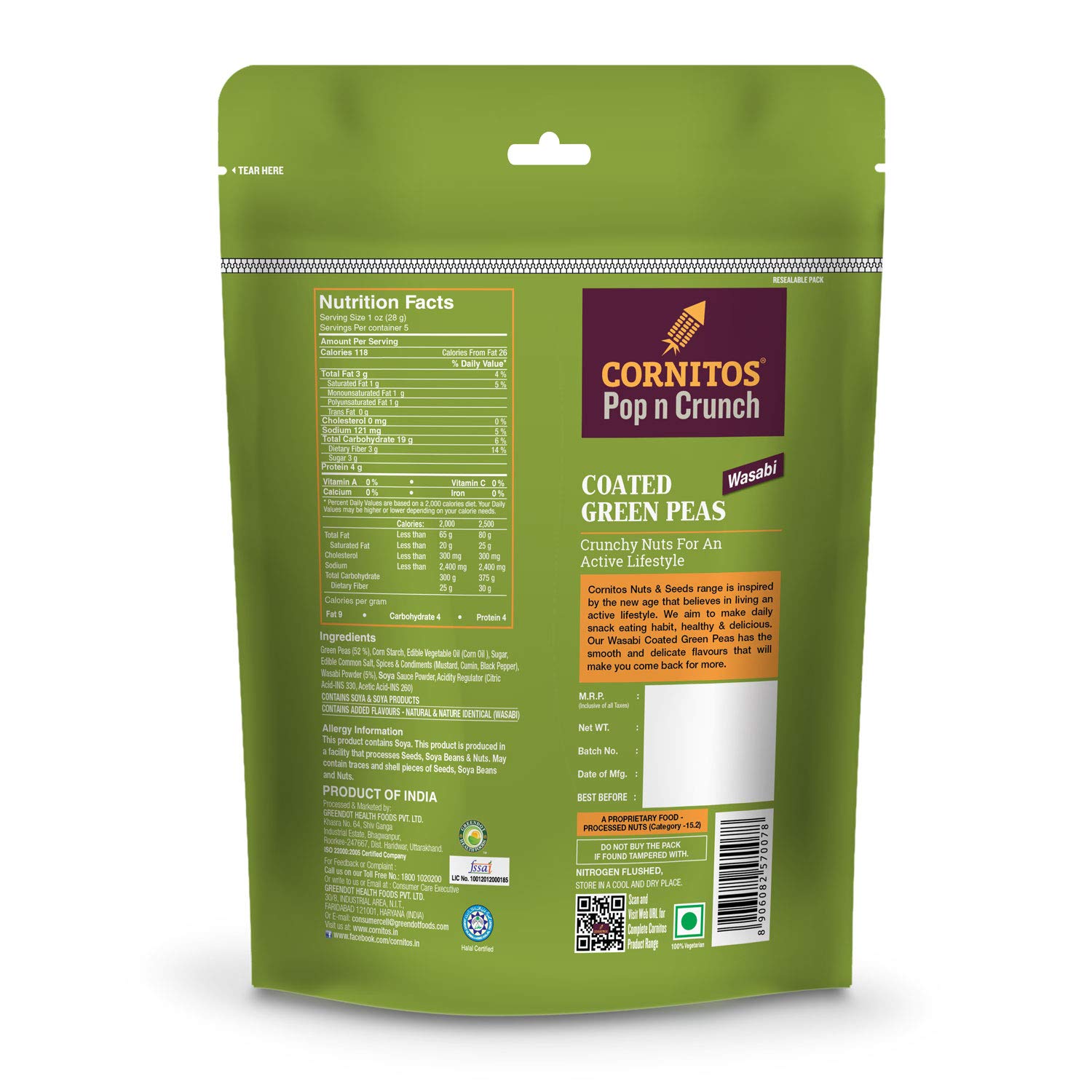 Cornitos Coated Green Peas, Wasabi, 150 Gm