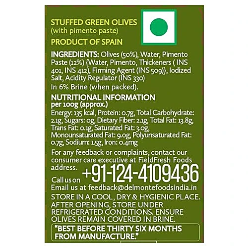 Del Monte Whole Stuffed Green Olives Pimento Paste, 450 g