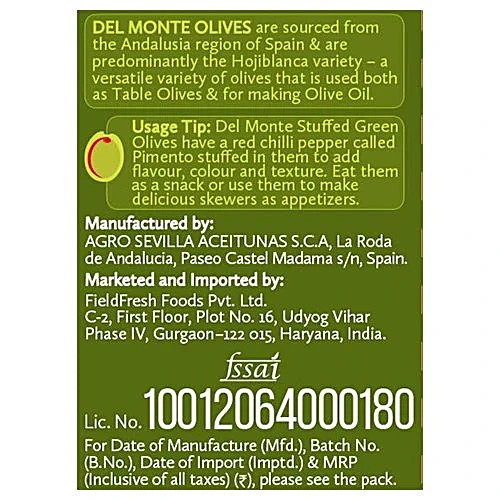 Del Monte Whole Stuffed Green Olives Pimento Paste, 450 g