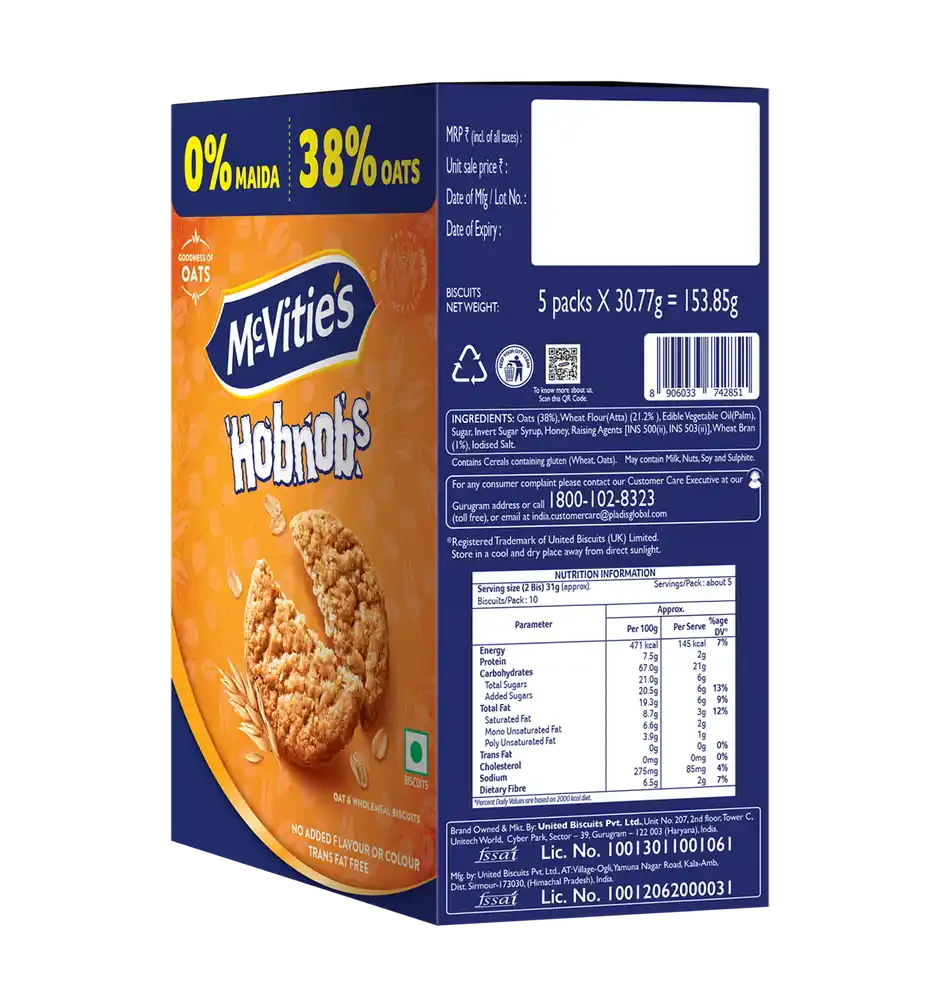 McVitie's Hobnobs Cookies, 0% Maida & 38% Oats, 153 g