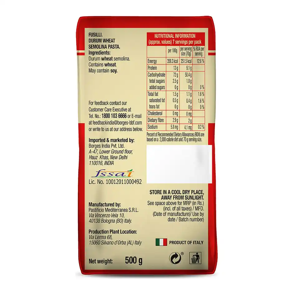 Borges Durum Wheat Pasta Fusilli, 500 g