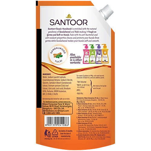 Santoor Classic Gentle Sandalwood & Tulsi Hand Wash, 650 ml