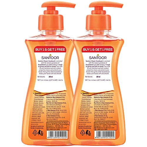 Santoor Classic Gentle Hand Wash, 200 ml (1 get 1 free)
