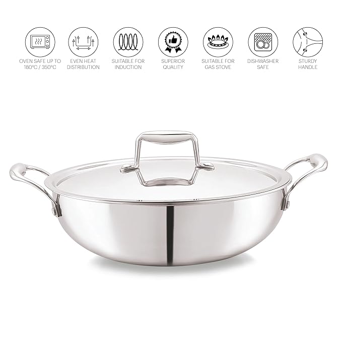 Cello Tri-Ply Stainless Steel Cookware Kadai with Lid 26 cm (3.6 L)