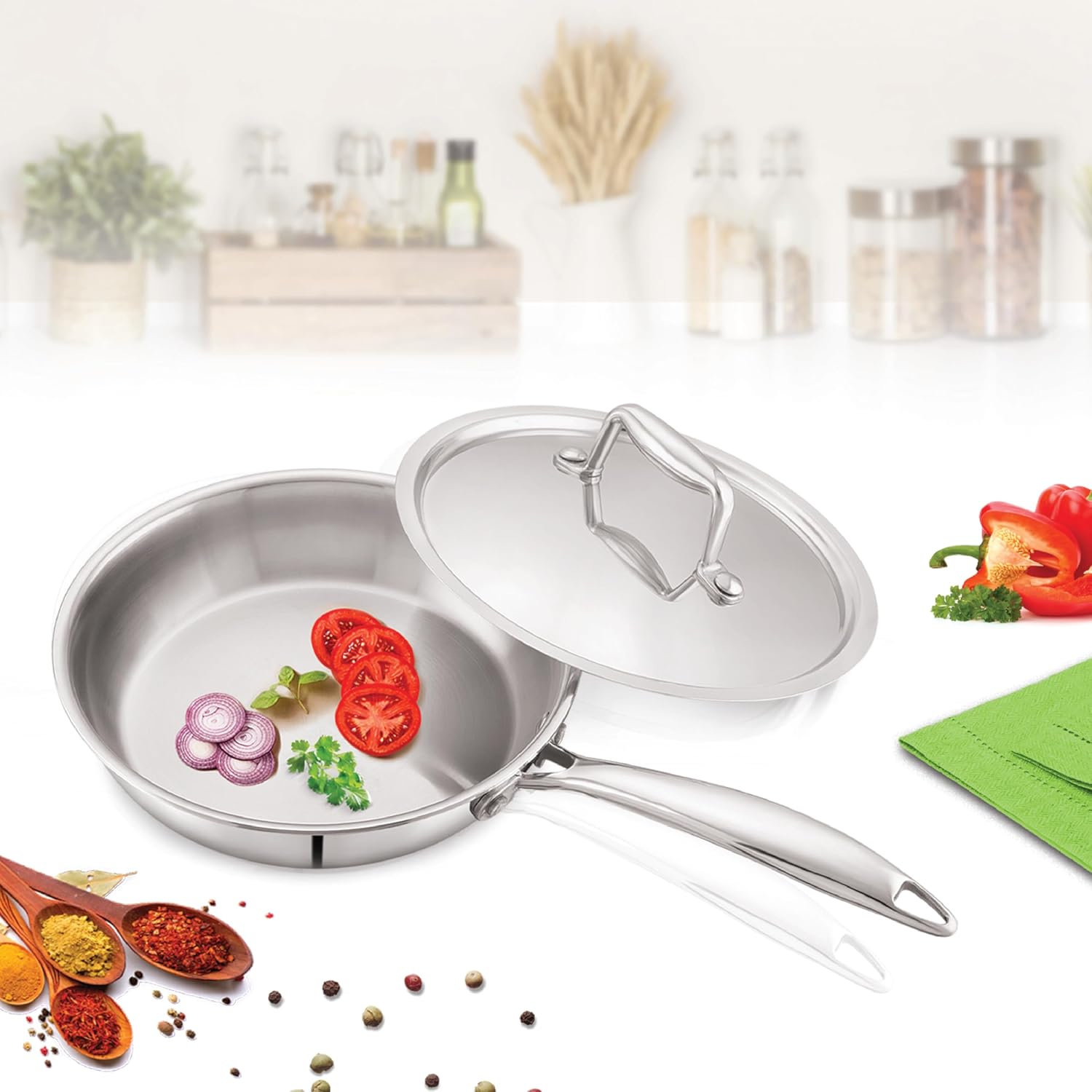 Cello Tri-Ply Stainless Steel Fry Pan with Stainless Steel Lid, 1.7 l
