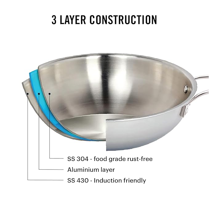 Cello Tri-Ply Stainless Steel Cookware Kadai with Lid 26 cm (3.6 L)