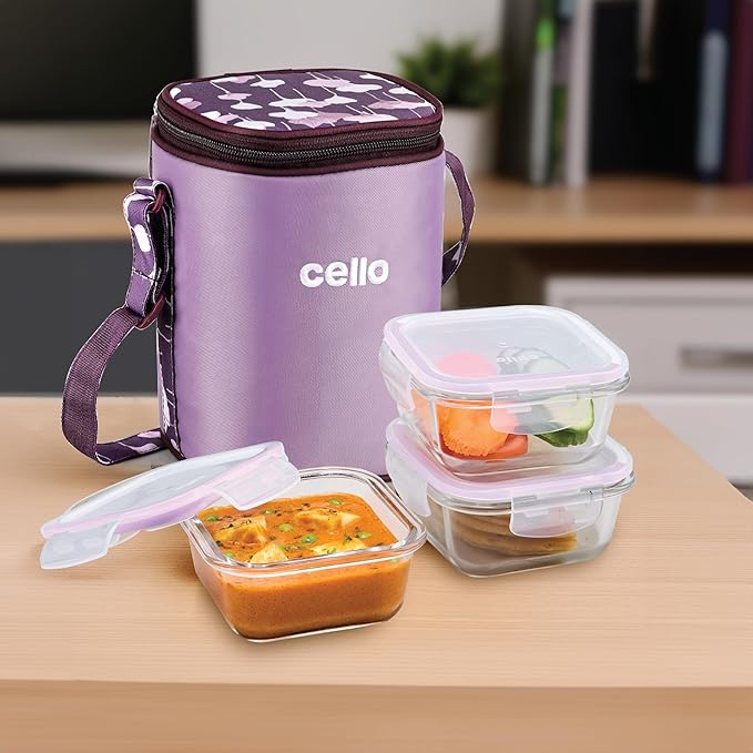 Cello Fit & Fresh Trendy Square Glass Lunch Box Set, 3 pc