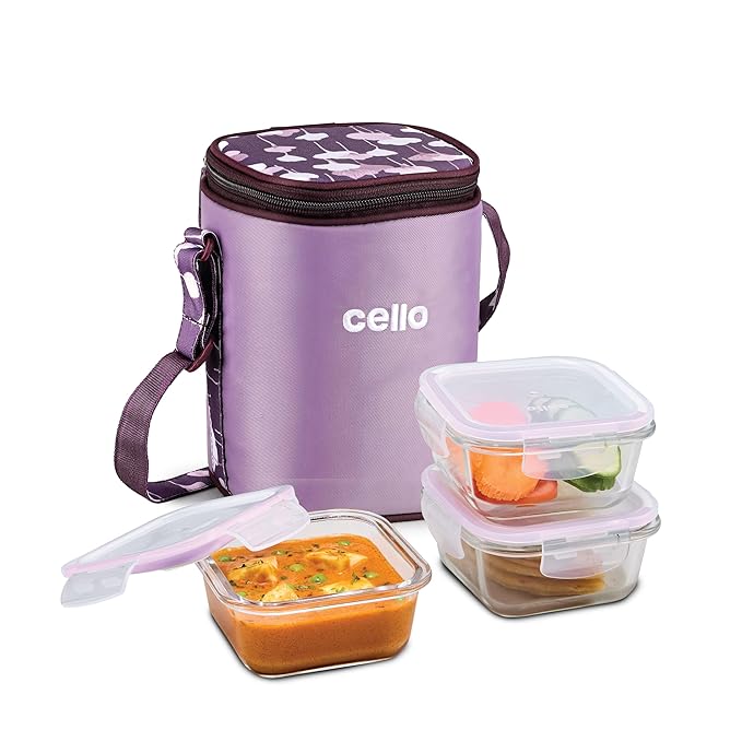 Cello Fit & Fresh Trendy Square Glass Lunch Box Set, 3 pc
