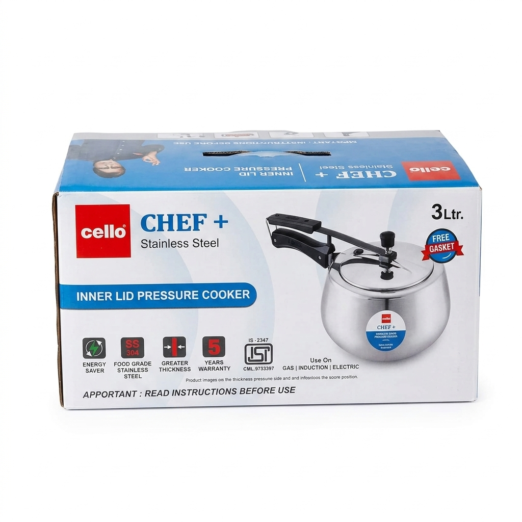 Cello Chef+ Stainless Steel Inner Lid Pressure Cooker, 3 l