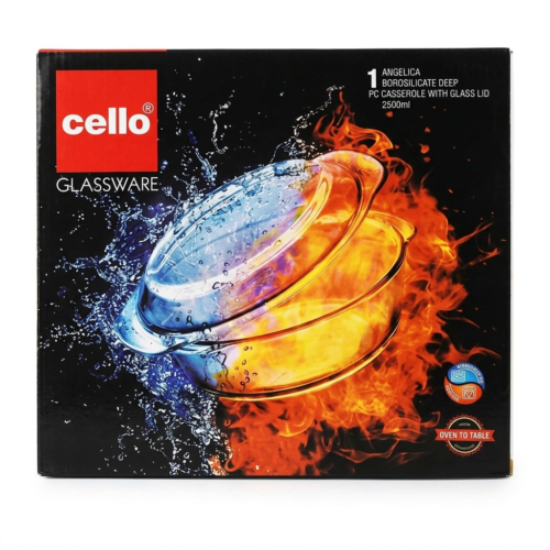 Cello Angelica Borosilicate Deep Round Glass Casserole with Glass Lid 2.5 l, 1pc