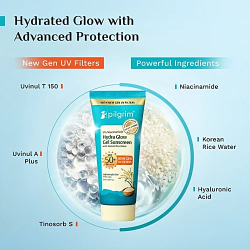 Pilgrim 5% Niacinamide Hydra Glow Gel Sunscreen With SPF 50+ PA++++, 50 ml