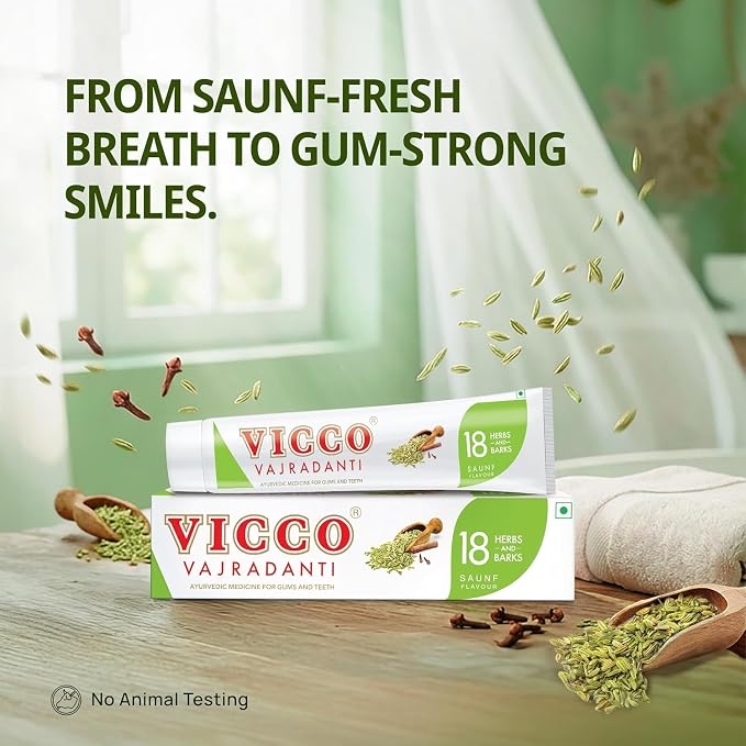 Vicco Vajradanti Toothpaste in Saunf, 200 g (Buy 1 Get 1 Free)