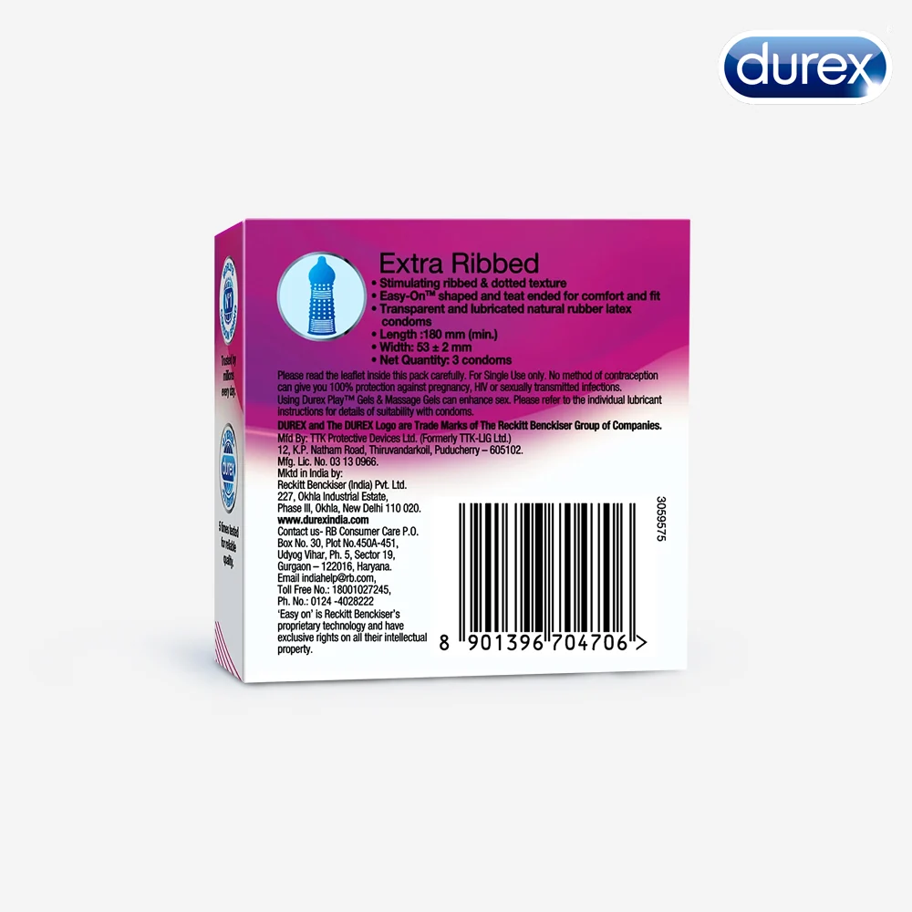 Durex Extra Ribbed Condoms, 3 Count